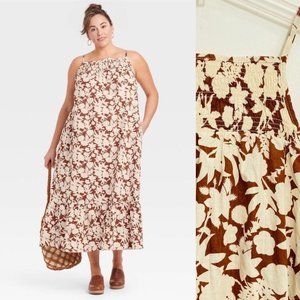Universal Thread Woman's Dress 2X Brown Floral Sleeveless Strap Maxi Ruffle New